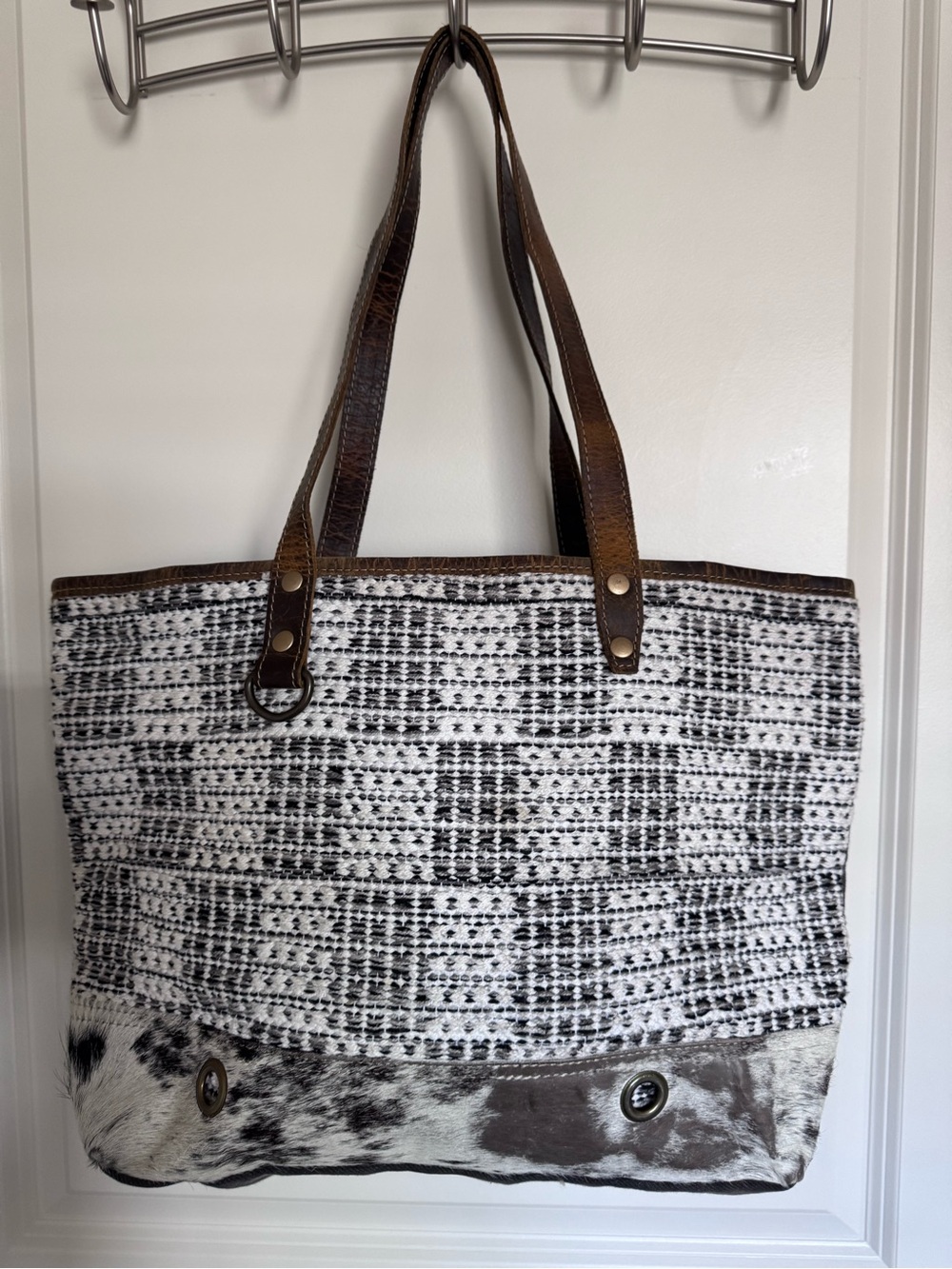 MYRA TOTE Black, White & Gray Woven Tote with Brown Leather Straps